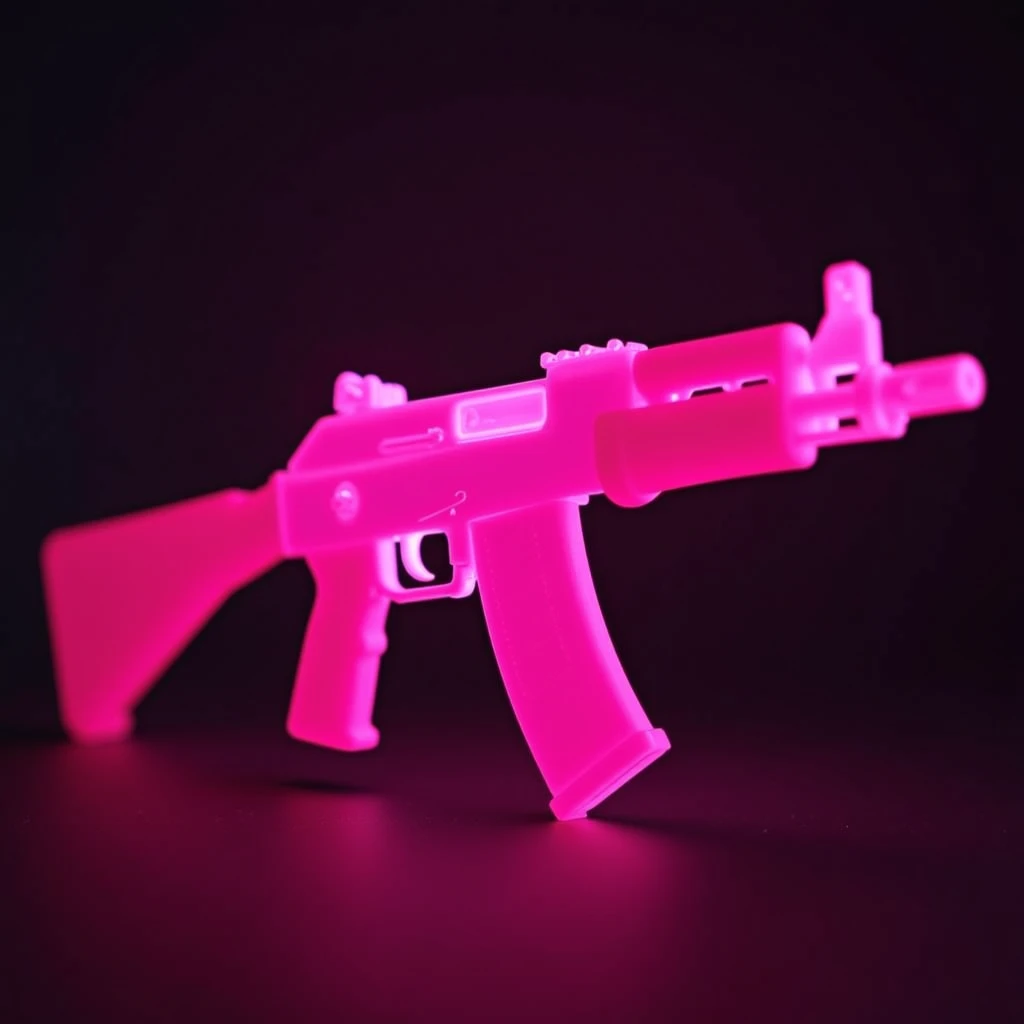 Portrait of a pink gun, toy ak 47 that glows pink 