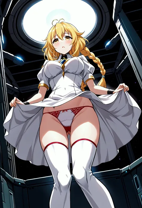 a beautiful detailed portrait of Kudelia Aina Bernstein from Gundam IBO, (Kudelia Aina Bernstein), (Whole body view:1.3), thigh length yellow hair in a single braid, 1/4 contrapposto pose, viewing from slightly below, excited facial expression, wearing whi...