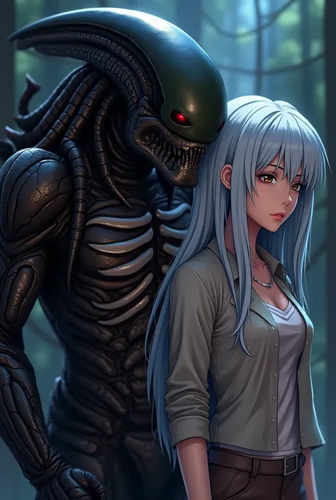 source_anime, Anime style, (male predator), Alien female with 18 years old, (Jack-o pose), ((Predator behind fucking the Alien female)),