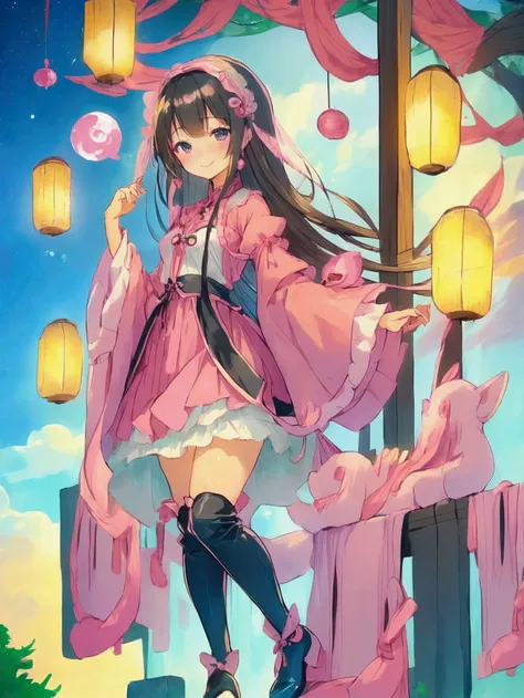 beautiful girl、とてもcute天使、pink lolita dress、cute、Baby Face、smile、Long skirt、Black long boots、
