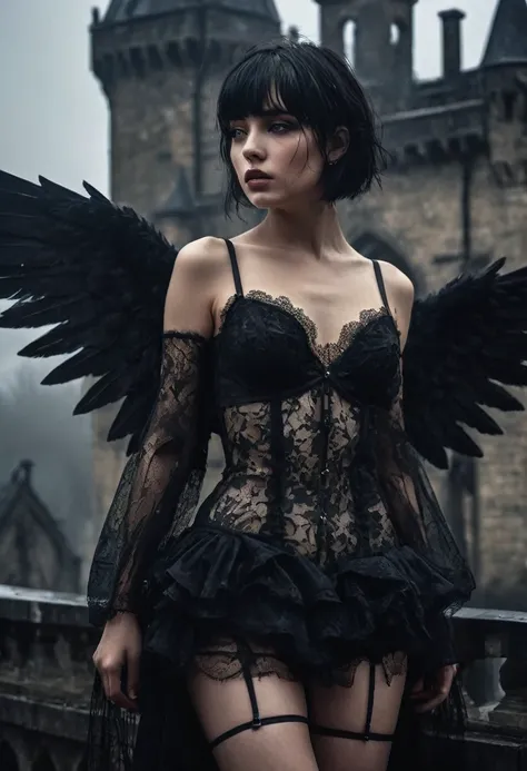 (Best Quality,hight resolution,Masterpiece, half body shot:1.2),Ultra-detailed, woman with black wings dressed in lace lingerie, sickly, standing on the rooftop of a gothic castle, high waisted g-string thong, black wings, fishnet stockings, perfect body, ...