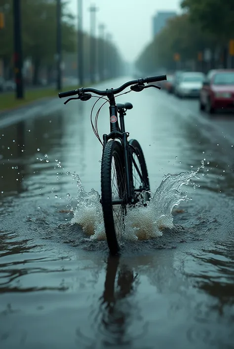 Creat a thumbnail in which bike is half  in water while crossing road
