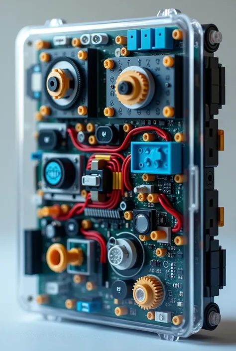 a close up of a plastic case with a bunch of electronics inside, complicated circuits and wires, robot parts, computer parts, portrait of computer & circuits, computer components, brand new lego set ( 2 0 2 1 ), detailed innards, made of lego, lego set, in...