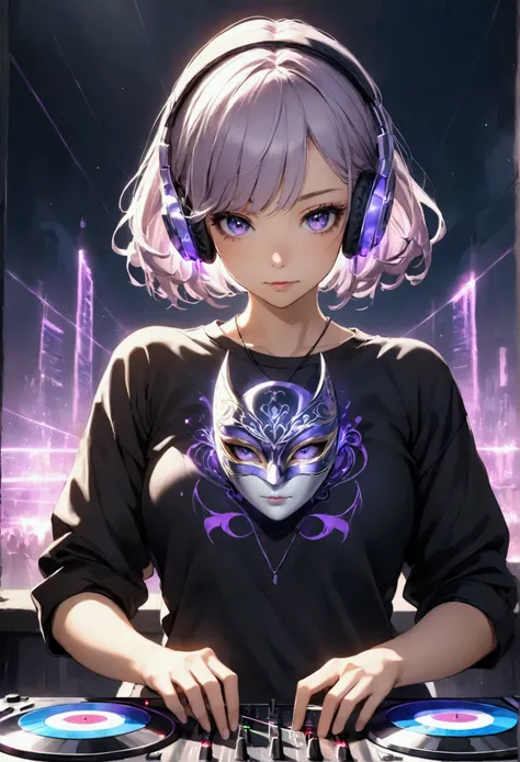 style of Light painting, Girl using mask, Short purple hair, white highlights, purple glowing headphones, beautiful eyes, black top , DJ set music, 8K,