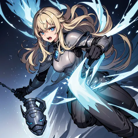 ((((Solo))))、Best illustrations、Best Quality、(Full body character concept、Character Design)、(((Grey Armor、Black trousers、Black gloves))、(woman、18-year-old)、(Blonde、Long Hair)、(Get Ready)、(get annoyed、Open your mouth)、(Particles of light, Blue aura, ice、ice...