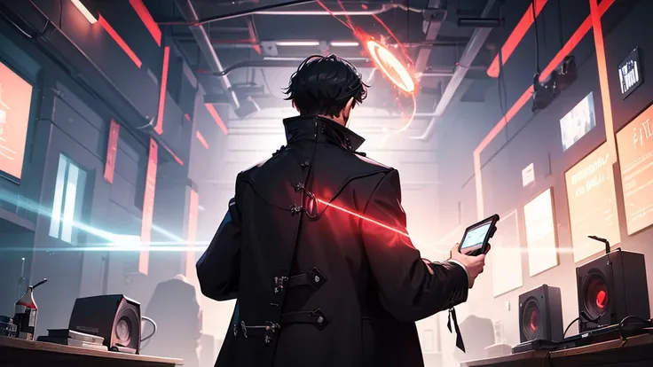 A man in an overcoat, with his back to us, is fiddling with a technology table with red energy emanating from it.. 