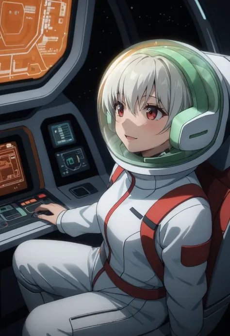 eva helm, spacesuit , astronaut), bubble helmet, space helmet, (1girl:1.1) wearing a (spacesuit:1.15), white cargo pants, (ugh, wtf do these buttons do:1.3), inside the cockpit of a (futuristic spaceship:1.1), sitting in the captains chair, (intricate cont...