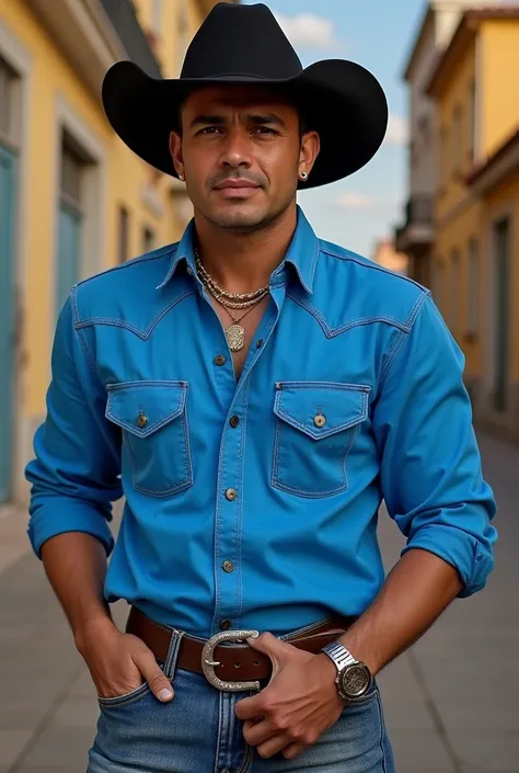 BLUE SHIRT THAT SAYS CHURO DÍAZ THE STRONG AGGRESSIVE COWBOY STYLE