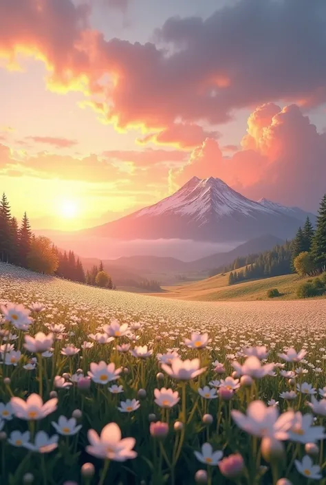 Create an image of a tranquil landscape featuring a field with beautiful white flowers. In the distance, include a mountain range and a vibrant sunset. The sky should be adorned with clouds, and ensure the scene is devoid of any people