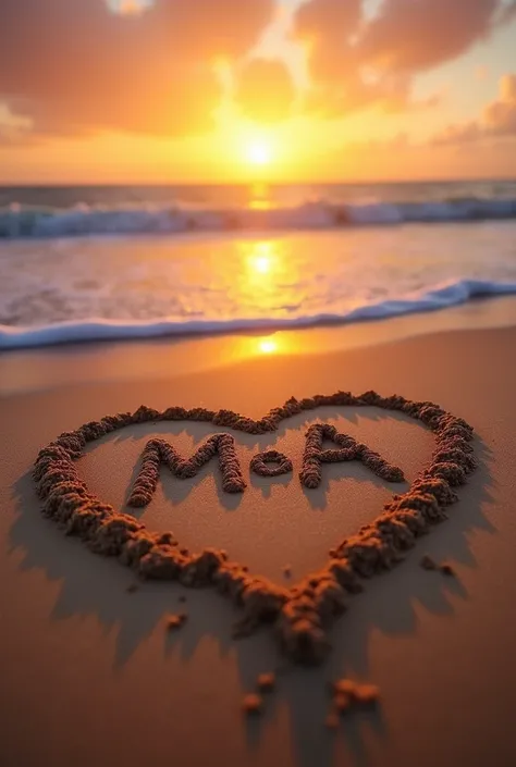 a beach in Fortaleza-CE at sunset with the initials M A inside a heart made in the sand