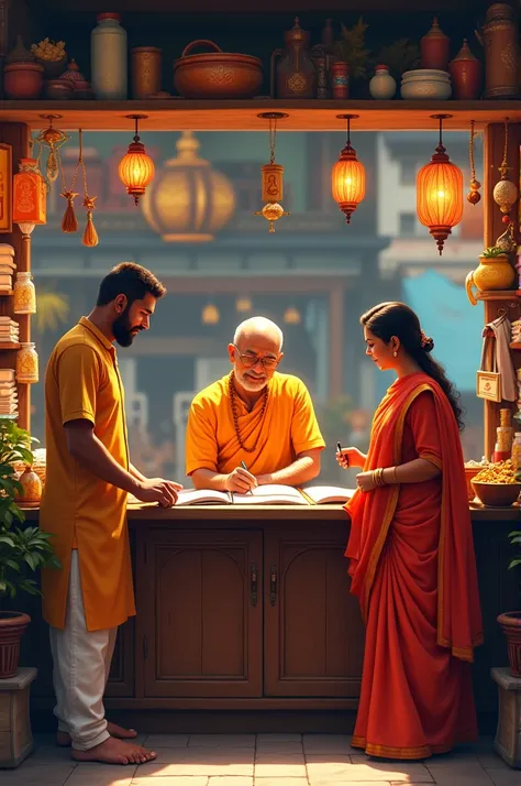 A Indian trader family sitting in family business 
front of billing counter 