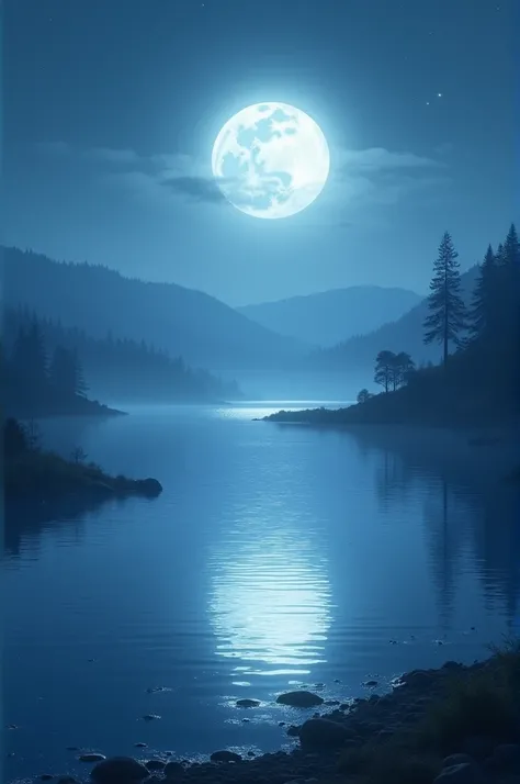 Create a beautiful passage with a lake under the full moon.