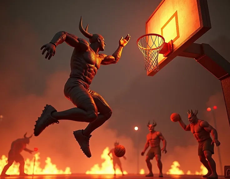 CGI effect of the masked ranger from ((("Doom-Eternal published by Bethesda Softworks"))) scoring an impressive jumping shot in basketball through a flaming hoop, as the horned muscular cacodemon watches below in anger. Hellish fiery Doom enemies are watch...