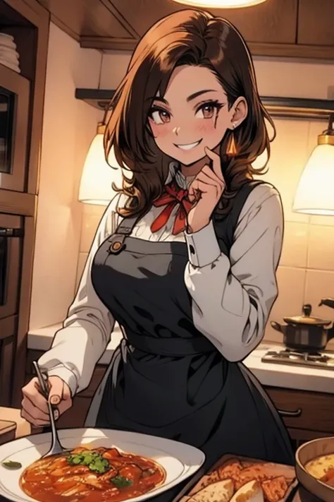 Perfect face. Perfect hands. A brown haired woman with copper eyes and an hourglass figure in a Lolita dress is cooking in a fancy kitchen with a big smile