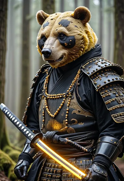 Photo de haute résolution, photo numérique réaliste, Un samouraï ours anthropomorphisé en colère tirant une lame de katana magique étincelante de son fourreau, vêtu de noir avec une armure en bois noire, perles de samouraï, un masque de démon samouraï jaun...