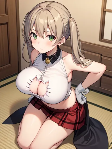 (masterpiece), 1girl, solo, at a japanese traditional house, cleavage, hanging breasts, wide hips, big and round ass, horny face, Thick thighs, looking at viewer, underwear only, white bra, hands on hips, big breasts, MakaAlbarn, plaid skirt, striped neckt...