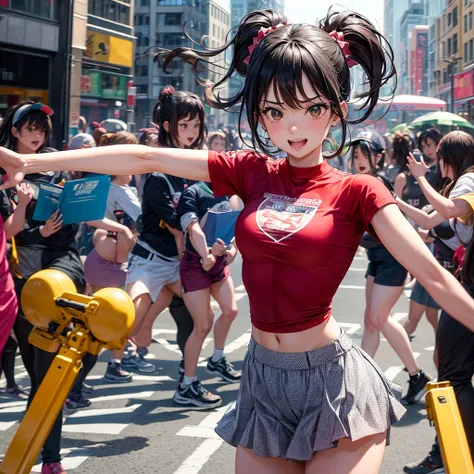 At a bustling city intersection, a group of girls transforms the ordinary act of crossing the street into a lively and unexpected flash mob. As the traffic light turns red, they spring into action, performing a choreographed dance routine that blends hip-h...