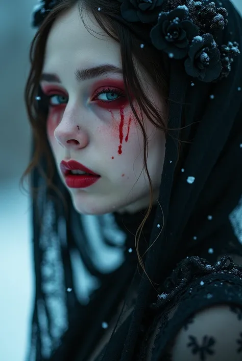 mournful maiden, ethereal beauty, bloody tearsstriked face, sorrowful solitude, silent farewell, snowy twilight, edwardian era, kristian schuller style, fashion photography, soft glow lighting, diagonal angle, shot on leica sl2s, tiltshift lens, high key, ...