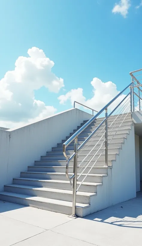 An outdoor architectural scene featuring a concrete staircase with stainless steel railings, located on a rooftop. The background shows a bright blue sky with white clouds, and the sunlight is bright, giving the overall scene a clean and fresh feeling."