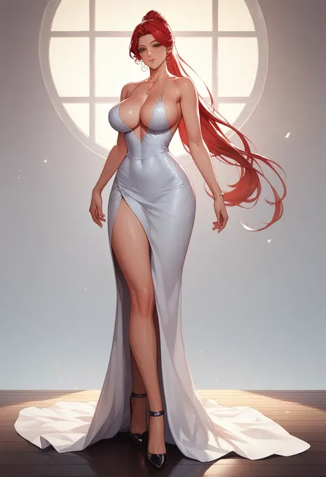 anime,Large Breasts,sexy,girl,Teachings,Sensual,beautiful,Long Hair,Red hair,ponytail,beautifulピンクの唇,Wearing a dress,Showing off your breasts,valley,Black high heels