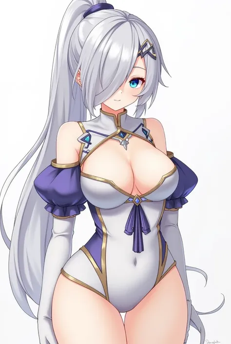 tag:shenhe (genshin impact)

1girl,grey hair,long hair,hair ornament, hair over one eye,,blue eyes,earrings,braided ponytail,puffy sleeves,gold trim,gloves,bodysuit,large breasts,breast curtain, shoulder cutout,covered navel,hip vent,clothing cutout, tasse...