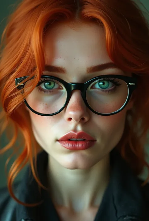 Woman wearing glasses, redhead with emerald green eyes, upturned nose, full lips, arched eyebrows and a fox-like look