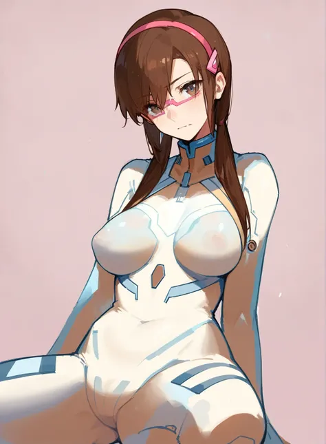 （Highest quality）,（8k）,Glossy see-through bodysuit,Beige chest,Beige crotch area，Dark beige bodysuit,Brown Hair,Pink accessories,An anime girl with large breasts sitting on a chair with her chest exposed, Biomechanical Boobs, BoobsCyberpunk, White color se...