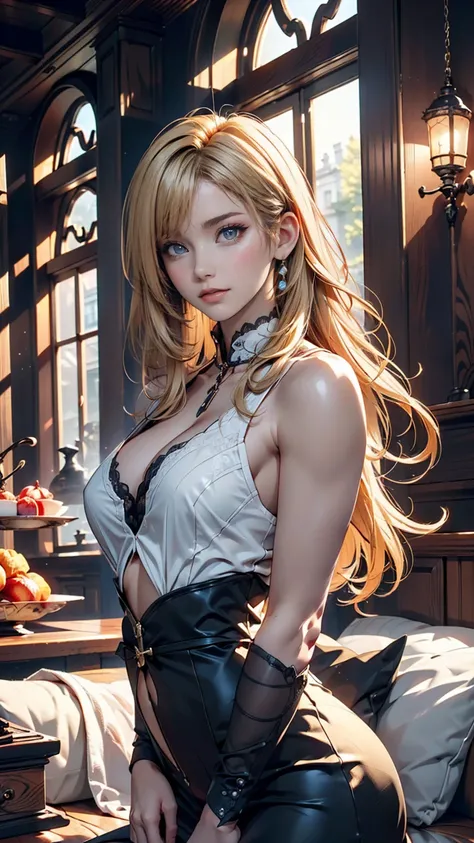 (Very detailed CG ユニティ 8k 壁紙,masterpiece, Highest quality, Very detailed),(Best lighting, Best Shadow, Very delicate and beautiful),floating,High saturation,Blonde+blue eyes:1.2,Gloomy Gothic Landscape, Long Hair, Gazing into the distance. (長いブロンドの髪と輝くblue...