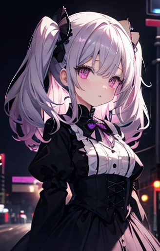 One Woman、Gray Hair、Twin tails、Pink eyes、Droopy eyes、Are standing、Black and purple gothic lolita fashion、Exposure of the chest、A street lined with buildings、Neon Light、night、Backlight、anime、Very detailed。