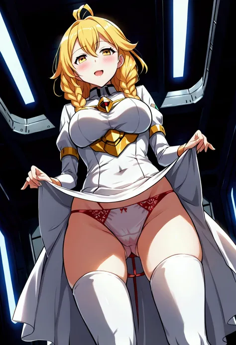 a beautiful detailed portrait of Kudelia Aina Bernstein from Gundam IBO, (Kudelia Aina Bernstein), (Whole body view:1.3), thigh length yellow hair in a single braid, 1/4 contrapposto pose, viewing from slightly below, excited facial expression, wearing whi...