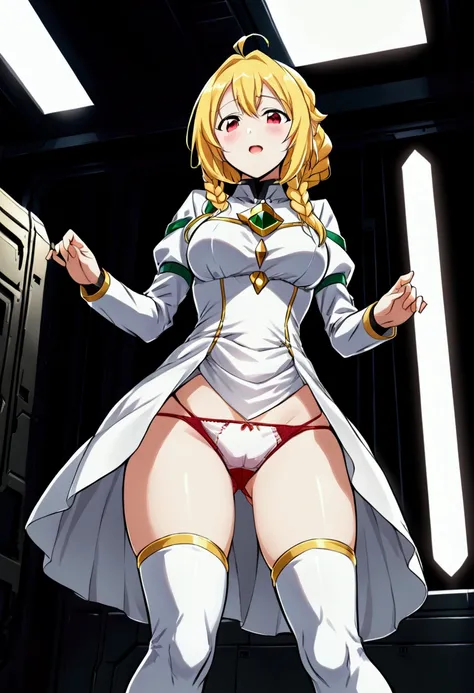 a beautiful detailed portrait of Kudelia Aina Bernstein from Gundam IBO, (Kudelia Aina Bernstein), (Whole body view:1.3), thigh length yellow hair in a single braid, 1/4 contrapposto pose, viewing from slightly below, excited facial expression, wearing whi...