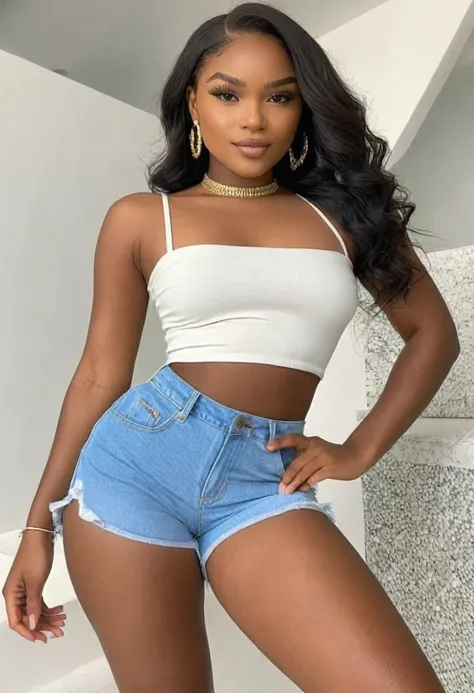 ((high quality:1.2)), (8k), extremely detailed, ((High detail:1.2)), ((best resolution:1.4)), Solo, 24 year old Angolan female, (crop top, mini-shorts),