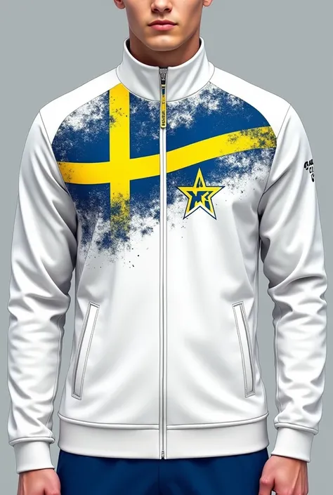 Make a white Swedish team jacket with a Nordic theme and blue and yellow details