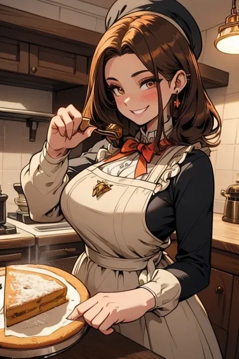 Perfect face. Perfect hands. A brown haired woman with copper eyes and an hourglass figure in a Lolita dress is baking a cake in a fancy kitchen with a big smile