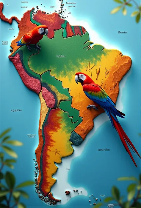 Create an image representing the different morphoclimatic domains of Brazil according to Aziz AbSaber&#39;sabias, The domains should be separated, forming a large puzzle, where each piece represents a different domain. A pair of macaws fly over the scene