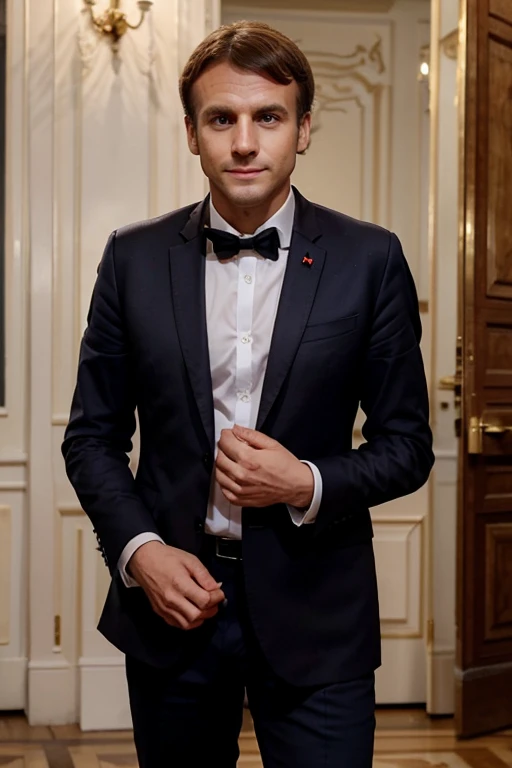 Un homme ressemblanr a Emmanuel Macron en costume de jeune marié