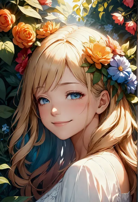 an illustration of a woman with flowers around her head smiling, surrounded by many colorful plants, 1girl, flower, solo, closed eyes , (best quality, masterpiece, ultra-detailed, illustration1.2),(8K wallpaper),(beautiful detailed eyes1.2), beautiful, ama...