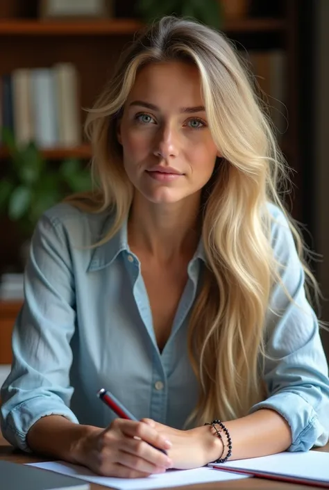 une belle fille aux longs cheveux blonds, suedoise, 25 ans, yeux détaillés bleu, nez, et les lèvres, porter une tenue decontractée, assise dans son bureau, (Meilleure qualité,4k,8k,haute résolution,chef-d&#39;œuvre:1.2),ultra-détaillé,(Réaliste,photoRéalis...