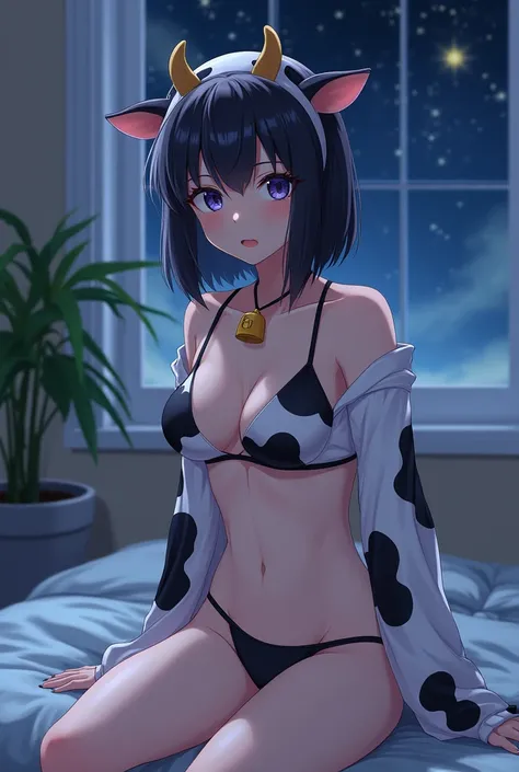 (Anime style:1.2), beautiful young man, androgynous men, without tits, cowbell on the neck, cow headband,  sitting on bed, cow print strap lingerie , cow print strap lingerie costume sexy, shoulder length hair, indoors, soft lighting, plants in background,...