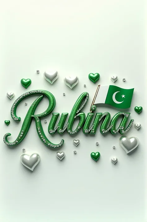 A captivating 3D anime-inspired artwork set against a pristine white background, masterfully capturing the essence of love and appreciation for "Rubina" The name is written in elegant Green typography, adorned with silver and diamonds in green, and white, ...