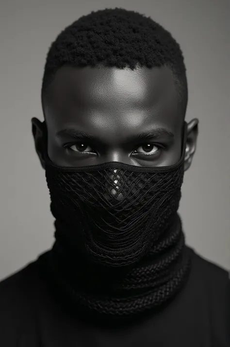 A black man wearing a black and white thread mask only showing his eyes