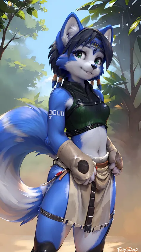 A beautiful and detailed (sweet picture) wa ((krystal)), Star Fox Krystal, sslim, lovable, green eyes, medium breasts, (((Long blue hair 1.3))),  ((Tips for black hair)), Decollete, grin, look up,, anthro, furry, Uploaded E621, detailed fluffy fur, (wa Flu...