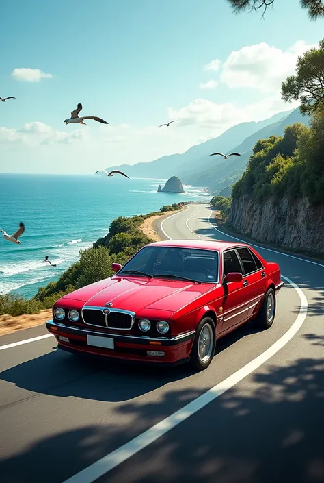 Lancia Thema 8.32 in red, riding seaside