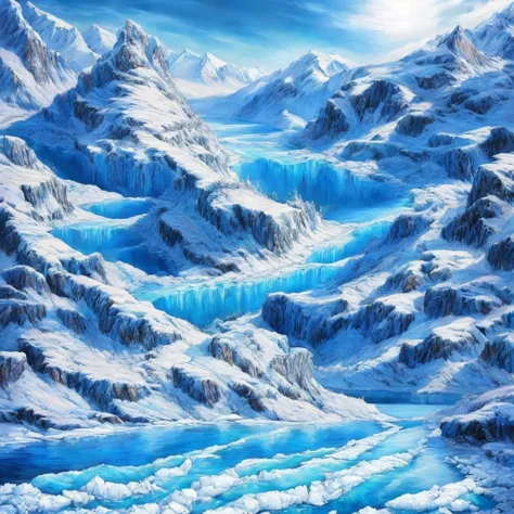 (masterpiece, highest quality, realistic, beautifully、aesthetic:1.3), ice, unmanned, 凍った小river, ice mountain, river,