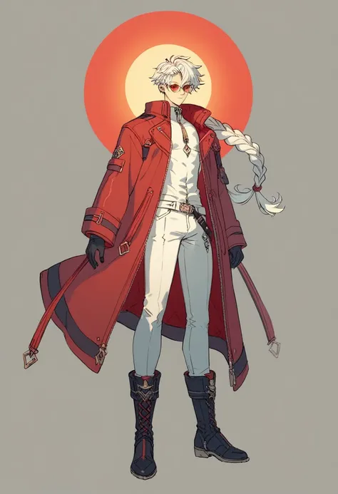  ((Concept ART )),human Male  ,Clear Skin , round Red Sun Glasses , white hair Style ,long braided ,zip Red Coat  , Black Gloves  , Black boots , Full body 