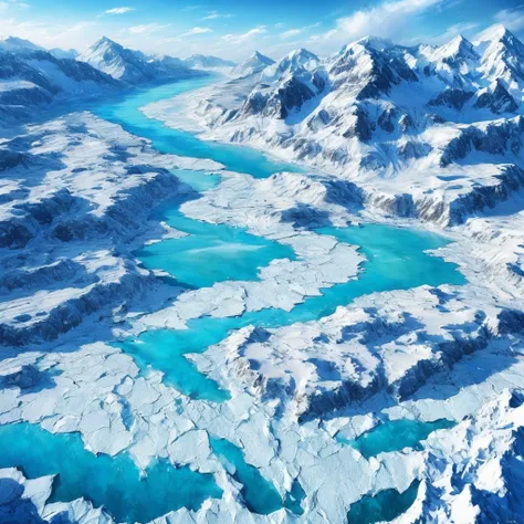 (masterpiece, highest quality, realistic, beautifully、aesthetic:1.3), ice, unmanned, 凍ったriver, ice mountain, river, from above、s...