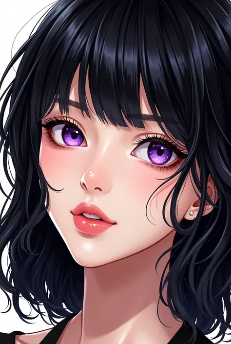 manhwa adult female character portrait. black hair, purple eyes. tiy mole on the left cheek bone. pink lips