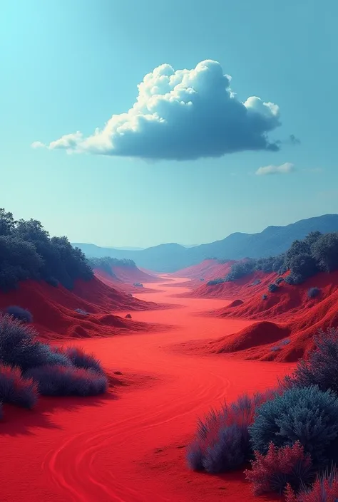 image abstraite dun paysage où la terre est dun rouge profond et vibrant. En contraste, une vaste étendue de verdure sombre sétend au loin. Au-dessus, un fin nuage bleu se déploie dans un ciel clair, ajoutant une touche délicate et rafraîchissante à la scè...