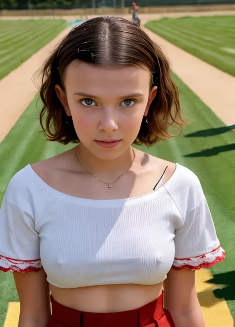 Mbb, A stunning intricate color portrait of  millie bobby brown (19 years old:1.5) , topless, perfect round breast , epic character composition, sharp focus, natural lighting, subsurface scattering, f2, 35mm, film grain, , by Dominique Issermann, (tugging)...