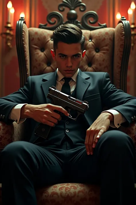 Young mafia boss seating in the throne while holding a gun with batas name in the back